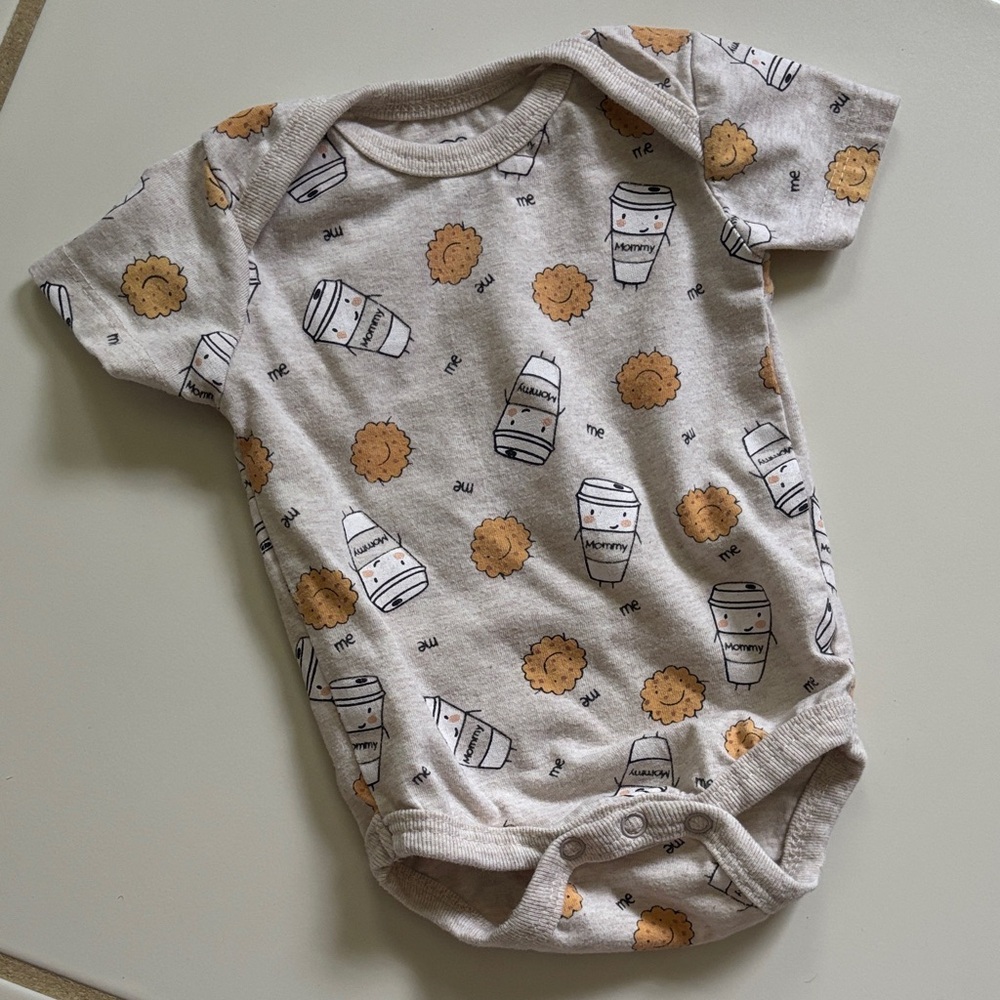 Nuby Neutral Color Baby Onesie with Coffee Cup Print Adorable Size 0-3 Month